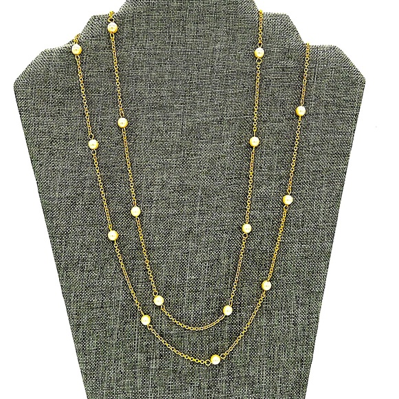 New JOAN RIVERS Vintage 48” Gold Glass Pearl Station Layered Statement Necklace - Picture 4 of 5